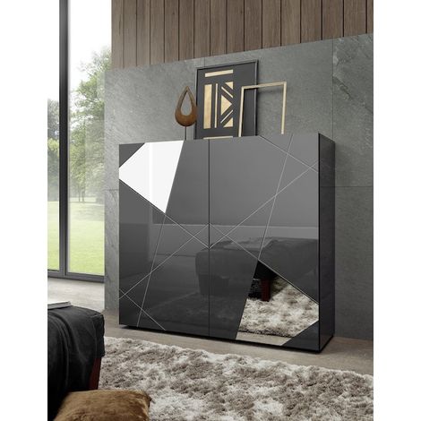 Azura Home Design – Buffet haut gris anthracite laqué 121x111x42 cm – Charnières en métal – Détails miroir sur portes – Fabrication italienne (1/3)
