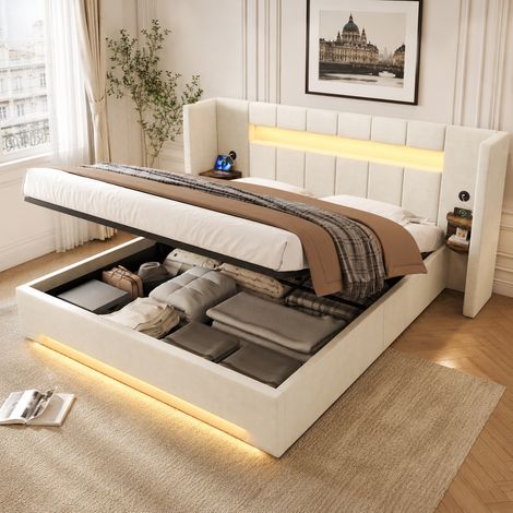 Cadre de lit velours multifonction 180x200 cm, grande tête, 2 USB, LED, levage hydraulique, grand rangement chambre adulte (1/5)