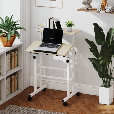 Bureau assis debout bureau réglable en hauteur 60 x 60 cm à roulettes avec plateau inclinable cadre en métal naturel