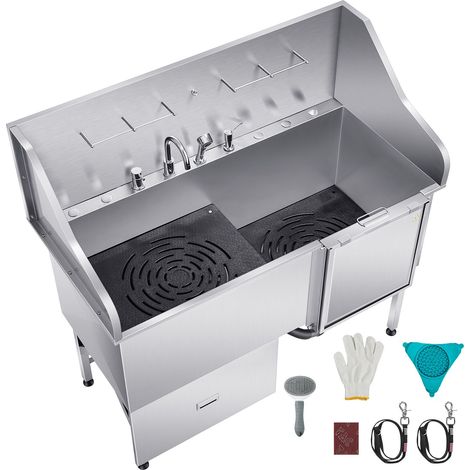 Station de lavage pour chien en acier inoxydable 304, baignoire de toilettage 154,9 cm avec rampe antidérapante, tiroir de rangement, robinet eau chaude/froide, bain tout-en-un (porte à droite) (1/5)