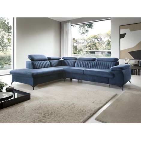 Emporius Canapé d'angle Xanto L tissu velours, gauche - canapé d'angle avec rangement, appuie-têtes réglables, bleu (1/5)