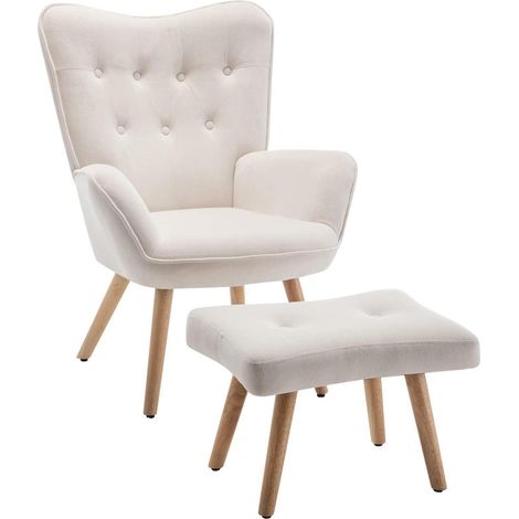 Ohrensessel mit Hocker, Samt, Beige, Lesesessel, Relaxsessel (1/5)