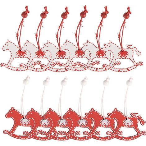Lot de 12 suspensions de Noël cheval à bascule décorations en bois rouge 13x13 cm - PANGIVO (1/2)