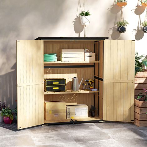 Abri de jardin en bois et acier. Abri d'extérieur avec toit en asphalte. 2 étagères. Portes verrouillables. Bois naturel. (1/5)