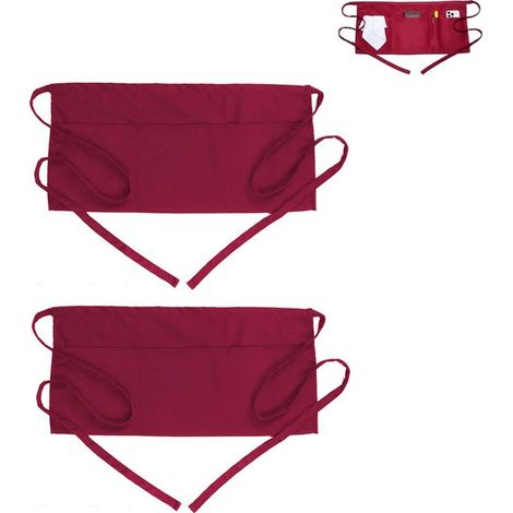 Grembiule impermeabile in 2 pezzi, grembiule di media lunghezza, grembiule da cameriera, grembiule con tre tasche, grembiule unisex rosso, grembiule lungo 61 cm per cucinare, servire (1/5)