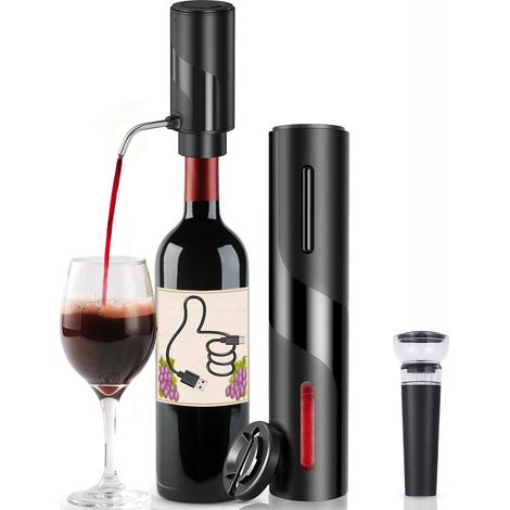 Tire Bouchon Electrique 4 en 1 Coffret Cadeau avec Ouvre Bouteille Rechargeable,Decanteur Rechargeable,Coupe-Capsule et Bouchon à Vin sous Vide,Ensemble Cadeau de Noël Amateurs de Vins,Noir (1/5)
