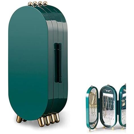 Boîte à Bijoux Pliable, Rangement de Bijoux Pliable, Support Bijoux, Étanche à la Poussière, Présentoir à 4 Niveaux, avec Miroir, pour Boucles D'oreilles, Clous D'oreilles, Collier Fin (Vert Foncé) (1/5)