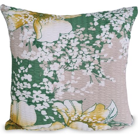 Federa per cuscino 40x40 cm in corteccia verde con grandi fiori disegnati gialli e beige.