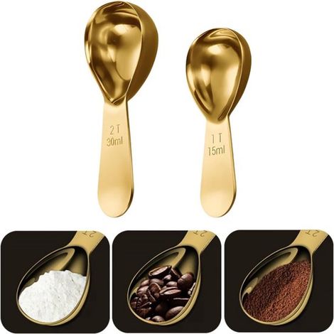 Juego de 2 cucharas de café,Acero inoxidable,Cuchara medidora de café,Cuchara medidora de talco para bebés,15 ml/30 ml,Dorado (1/5)