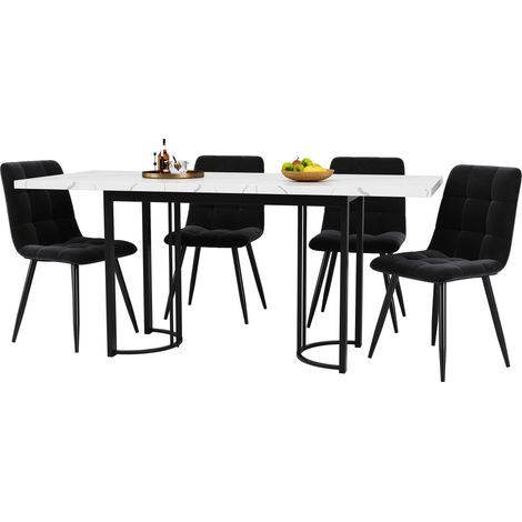 Set de repas 5 pièces, table rectangulaire extensible 140x80 cm pour 4 convives avec 4 chaises en velours noir, pieds en métal