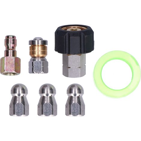 Kit de nettoyage de canalisations avec tuyau de débouchage, nettoyeur haute pression, raccord rapide et accessoires pour buse. (1/5)