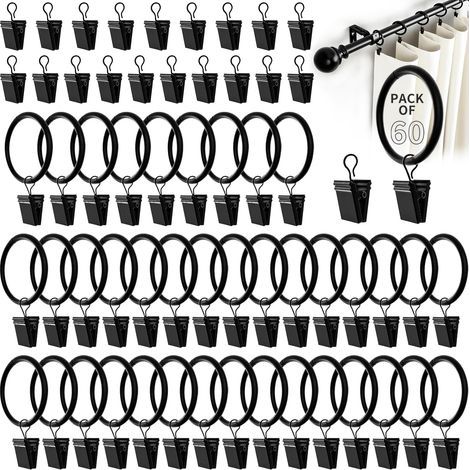 60 Pièces Pince Rideaux Noir, Anneaux Rideaux avec Pince Acier Inoxydable Accroche Rideau Anneaux à Pince pour Rideau Douche, Photo, Rideaux, Diamètre Intérieur de 35 mm (1/5)