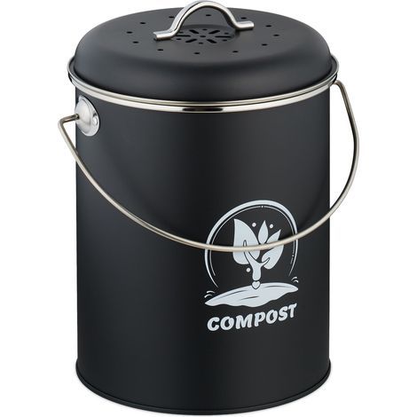 Relaxdays Komposteimer Küche 5,5 Liter, Mülleimer mit Deckel und Geruchsfilter, Abfalleimer Biomüll, Eisen, schwarz