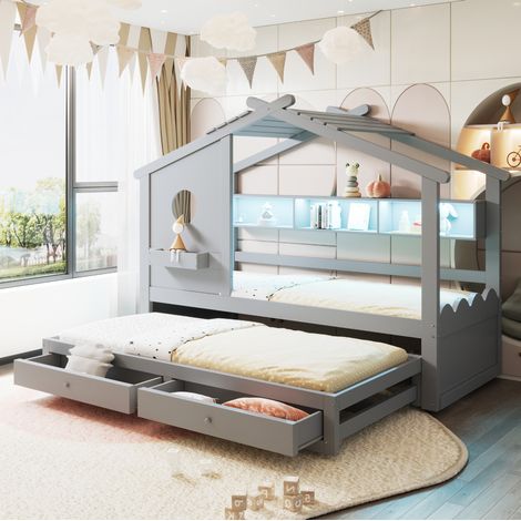 Lit enfant 90x190/200 cm avec 2 tiroirs, LED, en bois, gris, sans matelas (1/5)