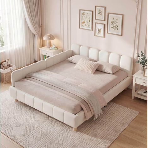 Cama infantil tapizada, cabecero ergonómico, laterales reversibles con bolsillos, terciopelo beige (1/5)