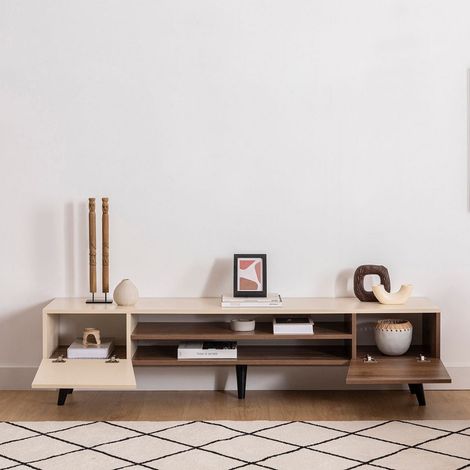 TV-Schrank Lei, ein Regal, 4 Fächer, 2 Türen, 180x37x45h cm Beige (1/5)