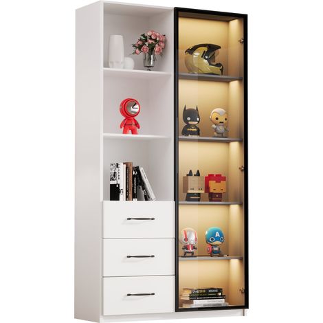 Vitrine LED 80 x 40 x 160 cm avec porte en verre trempé, 3 tiroirs, 3 étagères ouvertes, meuble blanc multirangement pour salon, bureau ou cuisine CHICFURN (1/5)