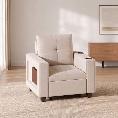 Chauffeuse convertible 3 en 1, Fauteuil lit inclinable 5 positions avec prise USB et table pliable, Tissu chenille pour studio et salon, Beige (1/5)