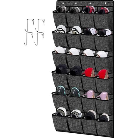 Rangement Chaussures - Étagère Suspendue 24 Poches - Pour Porte ou Barre de Placard - 56 x 156 cm - Tissu Non Tissé Polypropylène - Noir