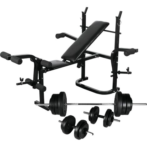 Trainingsbank mit Ablage, Langhantel und Kurzhantel Set 60,5 kg