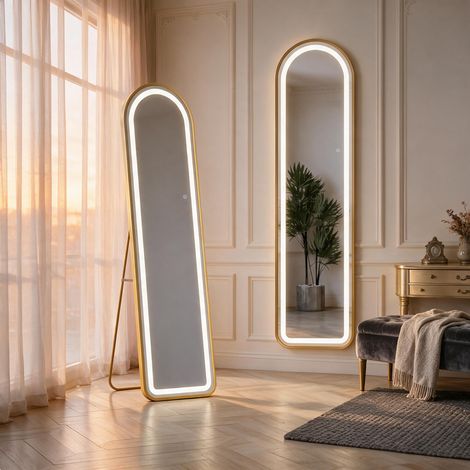 150x40cm Miroir sur pied Arqué avec LED 3 Couleurs, Miroir Intégral mural ou à poser, pour Chambre Salon, Cadre en métal, Doré (1/5)