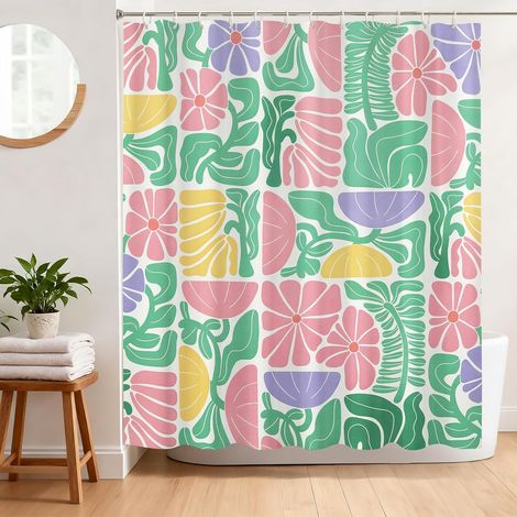 Rideau de Douche Anti Moisissure 180 x 180 cm Rideau Douche Abstrait Fleurs Rose et Feuilles Vert Tissu Polyester Imperméable Lavable Rideau Baignoire avec 12 Crochets (1/5)