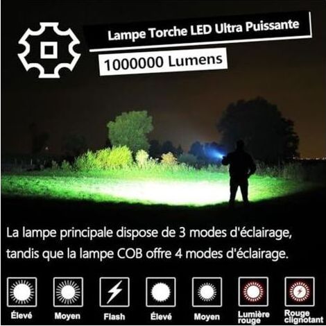 Lampe Torche LED Ultra Puissante - 1000000 Lumens de Poche Rechargeable Étanche IPX7 7 Modes D'éclairage avec Lumière COB pour Camping Randonnée et Urgences (1/5)
