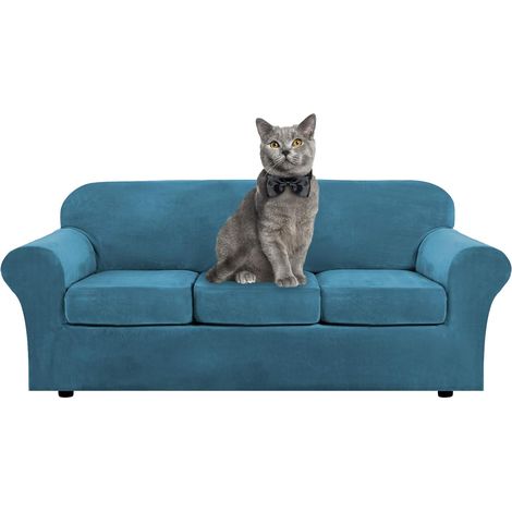 Soft and stretchy velvet sofa cover with separate cushion covers for 1, 2, 3 seater sofas with anti-slip strap for living room, bedroom (blue, 1, 3 seater) (1/5)