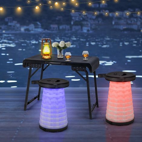 Tragbarer Campingtisch mit 2 LED-Hockern, höhenverstellbar