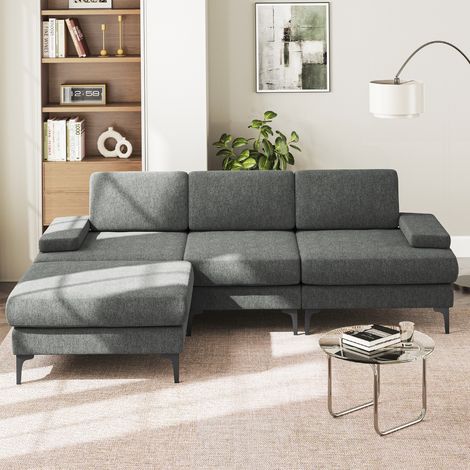 3-Sitzer-Ecksofa in L-Form mit Fußhocker, modernes Chenille-Schlafsofa, 244 x 146 x 83 cm, Grau, rechts