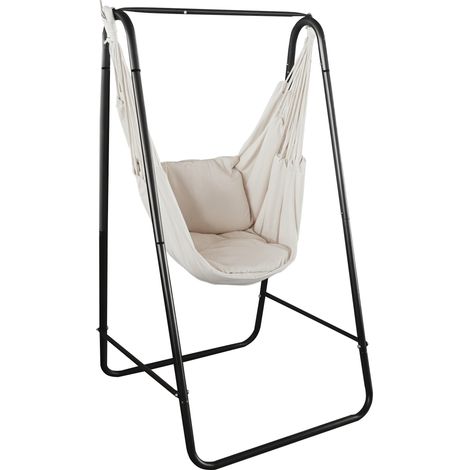 Fauteuil suspendu de jardin avec support, coussin, accoudoirs et crochets, blanc crème (1/5)