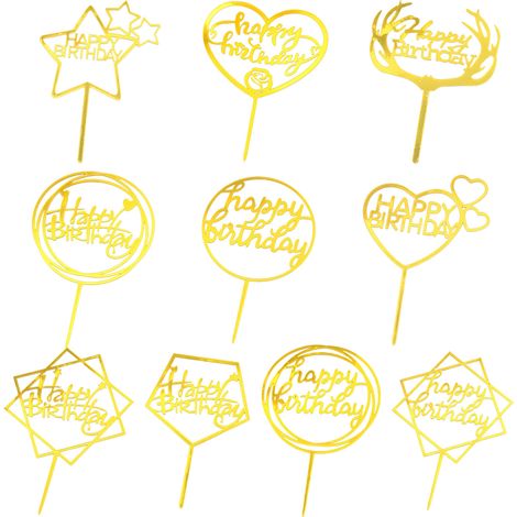 Ensemble de 10 décorations dorées pour gâteau d'anniversaire, décorations en acrylique pailletées, réutilisables, pour anniversaires et fêtes prénatales.