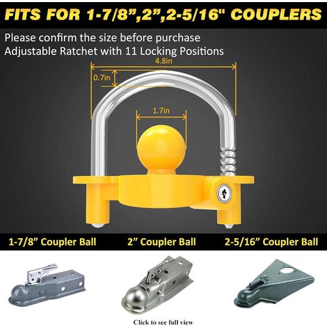 Antivol universel pour remorque, compatible avec les attelages de 1-7/8", 2" et 2-5/16", idéal pour les caravanes et camping-cars. Antivol de barre de remorquage réglable en acier robuste, jaune. (1/5)