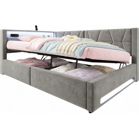 CHICFURN Letto contenitore 140x200 cm in velluto grigio scuro LED USB Type-C con rete (1/5)