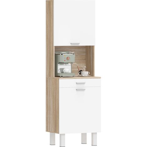 Buffet haut cuisine, armoire de cuisine avec 2 portes, tiroir et plan de travail, 55x40x174 cm, blanc et bois naturel (1/5)