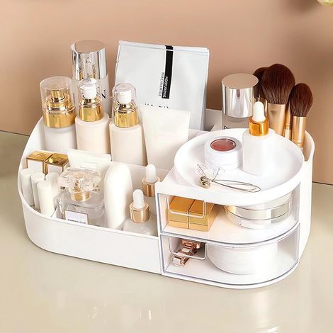 Organisateur de maquillage avec tiroir - Boîte de rangement pour cosmétiques avec tiroirs transparents - Organisateur de bureau pour maquillage, bijoux et soins de la peau - 28,5 x 16 x 10,5 cm - Blan (1/5)