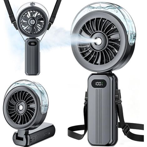 Mini ventilatore portatile con nebulizzatore - Piccolo e potente ventilatore ricaricabile tramite USB, 6000 mAh, ventilatore tascabile 3 in 1 per scrivania, mano o collo con 4 velocità e schermo LED, (1/5)