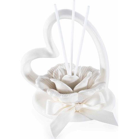 Profumatore a forma di rosa e cuore in porcellana, con stick in legno e fiocco in raso color bianco, set da 4 pezzi, cm11,5x9x10,5H (con stick13)