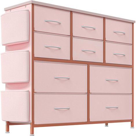 Commode De Chambre, Commode à 12 Tiroirs en Tissu, Pochettes Latérales, Cadre Métal , Meuble TV, Armoire, Meuble De Rangement Rose (1/5)