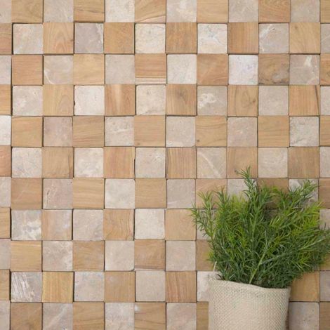 Revestimiento pared cuadrado piedra y teca beige 55x20 cm
