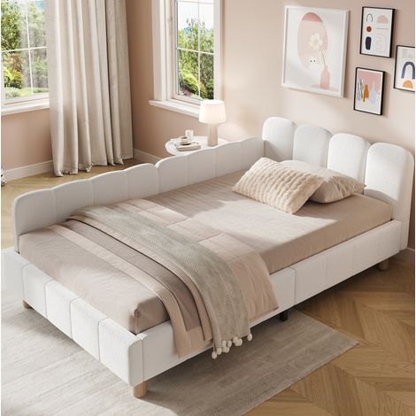 Cama infantil 90 x 200 cm en bouclé beige con cabezal, barreras y somier (1/5)