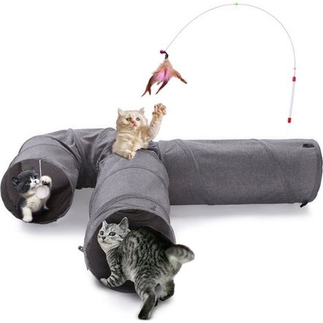 Tunnel pour chat, tunnel de jeu à trois compartiments avec balle et canne à pêche, pliable et dépliable, convient aux chats, chiots et lapins, gris. (1/5)