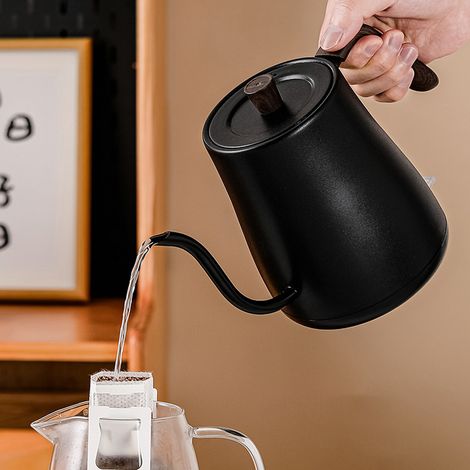 Hervidor de cuello de cisne – 800 ml, acero inoxidable SUS304, acabado en imitación madera negra – automático con base de 220 V (1/5)