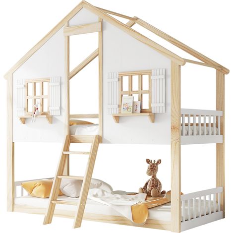 CHICFURN Litera infantil 90x200 cm de madera, MDF y contrachapado blanco/natural con escalera (1/5)