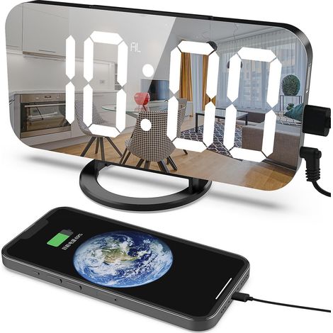 Digitaluhr mit großem Display, LED-Wecker, Spiegeloberfläche zum Schminken mit Intensitätsmodus, 3 Helligkeitsstufen, zwei USB-Anschlüsse, dekorativ (1/5)