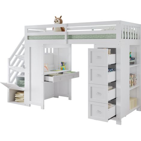 Letto a soppalco per bambini 90x200 cm bianco in pino con scrivania e contenitori - CHICFURN (1/5)