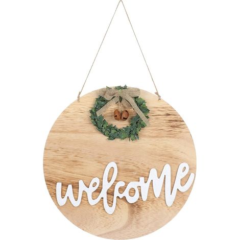 Willkommensschild aus Holz, Logo/Kranz/künstliche Grünpflanzen/Bögen, für Villa/Bauernhof/Hof/Garten/Zimmer (1/5)