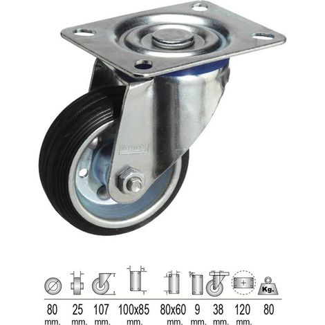 Roue Industrielle Caoutchouc Noir Plaque 80 mm.