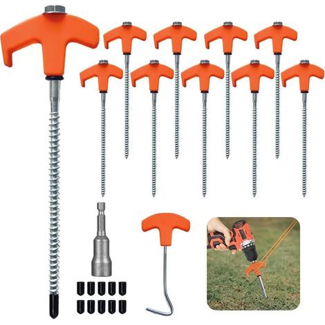 Lot de 10 Piquet De Tente a Visser, Piquets De Tente en Acier avec Filetage Et Support De Corde, Ancrages Au Sol à Visser Accessoires pour Tente, Piquet Auvent pour Le Camping pour Sol Dur et Bois (1/5)
