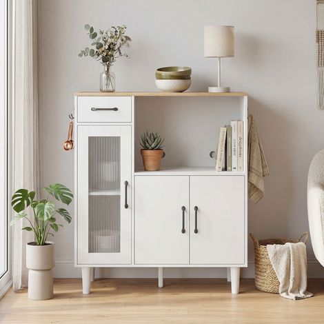 Aparador de cocina con cajón, 2 armarios, compartimento abierto, puerta de cristal acrílico estriado 80 x 34 x 91 cm Blanco+Roble
